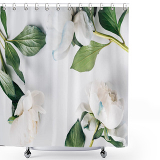 Personality  Top View Of Blue And White Peonies With Green Leaves On White Background Shower Curtains