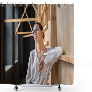 Personality  Businesswoman Posing In White Blouse  Shower Curtains