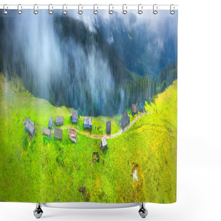 Personality  In The Mountains Of The Carpathians, Ukraine, In A Foggy Valley Of Fog, Filmed By A Drone Copter, Tatul Valley With Houses Of Shepherds, On Mount Svidovets. Sheep And Cows Pasture Shower Curtains