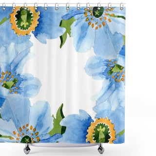 Personality  Beautiful Blue Poppies With Green Leaves Isolated On White. Watercolor Background Illustration. Watercolour Drawing Fashion Aquarelle. Frame Border Ornament Background. Shower Curtains