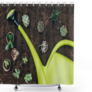 Personality  Top View Of Beautiful Green Potted Plants And Big Plastic Watering Can On Soil  Shower Curtains