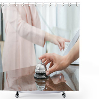 Personality  Woman Ringing Service Bell In Hotel Lobby Shower Curtains