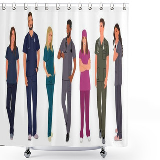 Personality  Set Of Smiling Doctors, Nurses, Paramedics. Different Male And Female Medic Workers In Uniform Scrubs With Stethoscopes. Flat Cartoon Realistic Vector Illustration Isolated On Transparent Background.  Shower Curtains