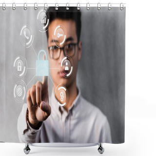 Personality  Selective Focus Of Asian Businessman Touching Padlock Illustration  Shower Curtains