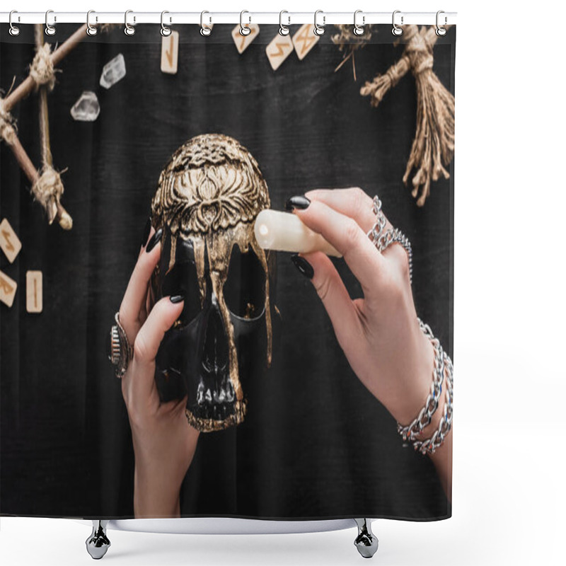 Personality  Cropped View Of Woman Holding Candle Above Skull Near Runes And Crystals On Black  Shower Curtains