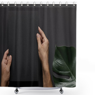 Personality  Male Hands Holding Black Notebook On Black Background With Green Leaf Shower Curtains