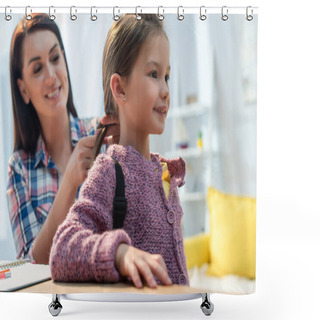 Personality  Happy Mother Plaiting Hair Of Daughter With Backpack At Home On Blurred Background Shower Curtains