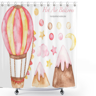 Personality  Hot Air Balloon Pink With Clouds, Stars, Mountains, Polka Dots, For Girl, Birthday Watercolor Set  Shower Curtains