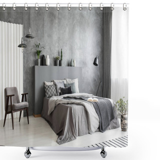 Personality  Modern Grey Bedroom Interior With Big Bed With Pillows And Linen. Comfortable Armchair Next To The Bed. Real Photo. Shower Curtains