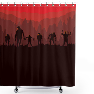 Personality  Silhouette Of Zombie Horde Was Exiting Out Of The Graveyard At Night. Shower Curtains
