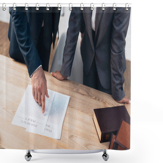 Personality  Cropped View Of Lawyer Pointing With Finger At Documents With Insurance Policy Lettering Near Businesswoman In Office Shower Curtains