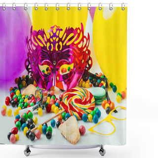 Personality  Close Up View Of Balloons, Masquerade Masks And Candies, Purim Holiday Concept Shower Curtains