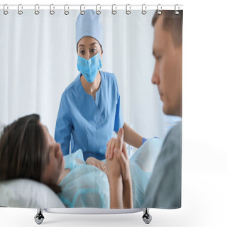 Personality  Woman Giving Child Birth In Maternity Hospital, Focus On Midwife Shower Curtains