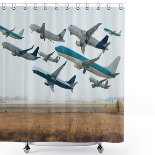 Personality  Airplanes In Cloudy Sky Above Grassy Airfield  Shower Curtains