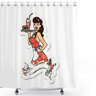 Personality  Distressed Sticker Tattoo In Traditional Style Of A Pinup Waitress Girl With Banner Shower Curtains
