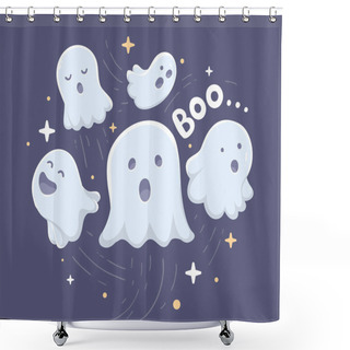 Personality  Vector Halloween Illustration Of Many White Flying Ghosts With E Shower Curtains