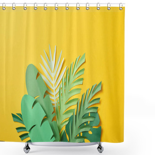 Personality  Bunch Of Paper Cut Exotic Green Palm Leaves On Yellow Background With Copy Space Shower Curtains