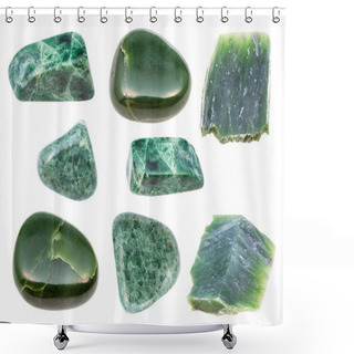 Personality  Set Of Various Green Jade Gemstones Isolated On White Background Shower Curtains