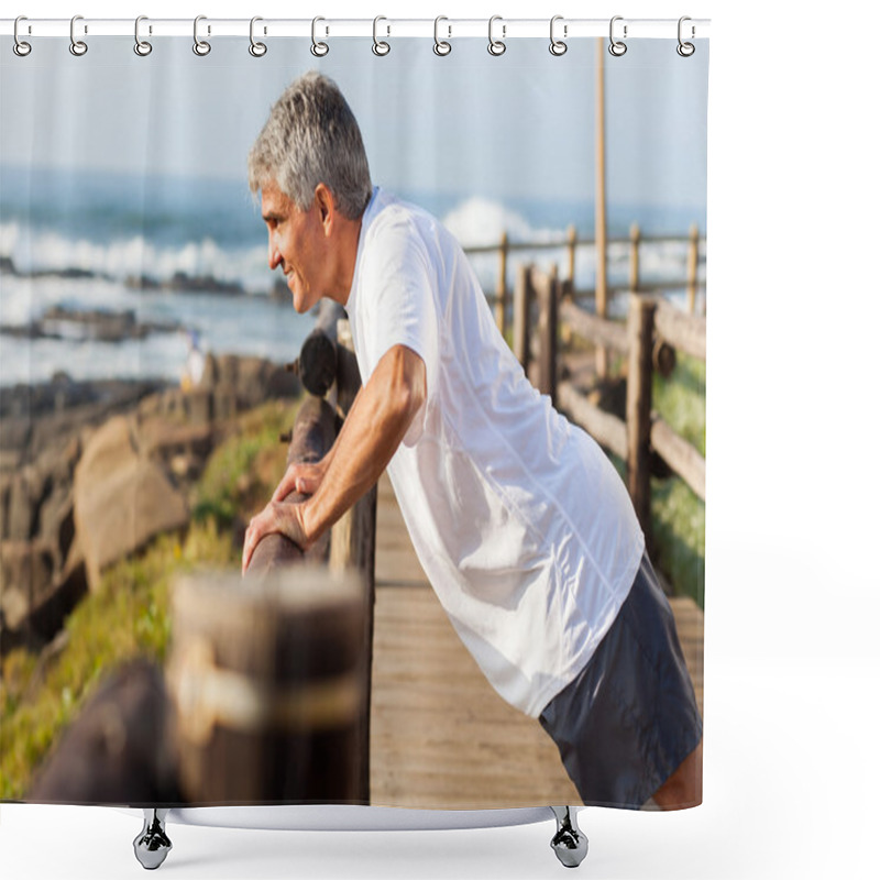 Personality  Fit Senior Man Exercising At The Beach Shower Curtains