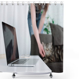 Personality  Cropped Shot Of Woman Petting Scottish Straight Cat With Laptop Standing On Table On Foreground Shower Curtains