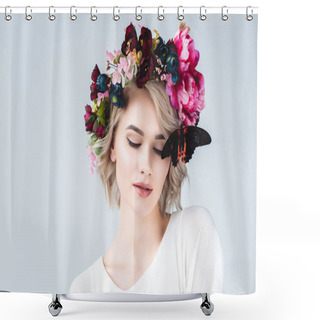 Personality  Beautiful Tender Girl Posing In Floral Wreath With Butterfly, Isolated On Grey Shower Curtains