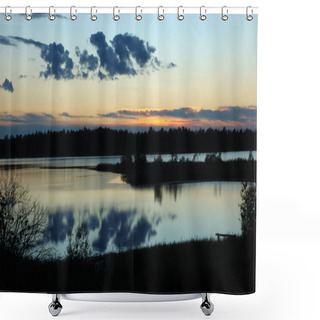 Personality  Forest Lake At Sunset Shower Curtains