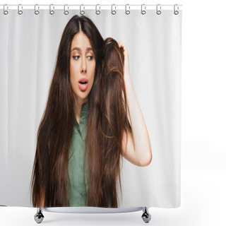 Personality  Upset Young Woman Looking At Tangled And Damaged Long Hair Isolated On Grey Shower Curtains