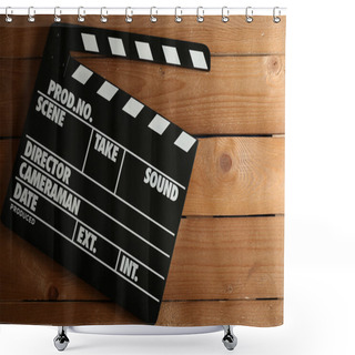 Personality  Movie Clapper On Wooden Background Shower Curtains