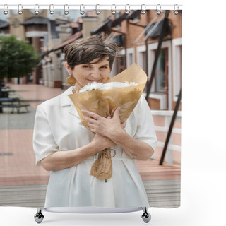 Personality  Elderly Woman Holding Bouquet Of Flowers And Looking At Camera, Urban Backdrop, Summer, White Outfit Shower Curtains