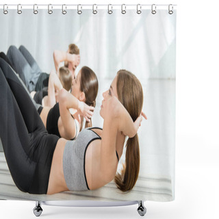 Personality  Selective Focus Of Attractive Girl Practicing Yoga While Doing Press Ups  Shower Curtains