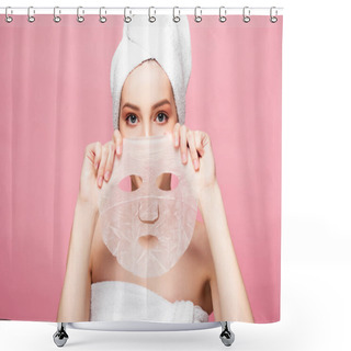 Personality  Young Woman Covering Face While Holding Moisturizing Face Mask Isolated On Pink  Shower Curtains