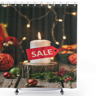 Personality  Christmas Candle With Red Sale Tag On Wooden Stump Shower Curtains