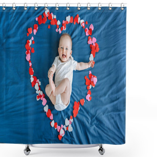 Personality  Cute Smiling White Caucasian Baby Girl Boy Infant With Blue Eyes Four Months Old Lying On Bed Among Many Foam Paper Red Pink Colorful Hearts. View From Top Above. Happy Valentine Day Shower Curtains