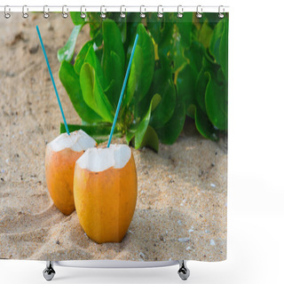 Personality  Cocktails In Coconuts On Sand Shower Curtains