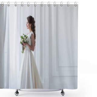 Personality  Attractive Happy Bride Posing In Traditional Dress With Wedding Bouquet Shower Curtains