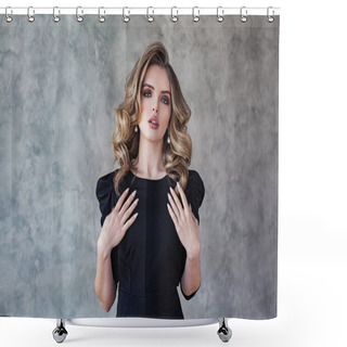 Personality  Gorgeous Woman With Makeup And Curly Hair On Gray Background Portrait Shower Curtains