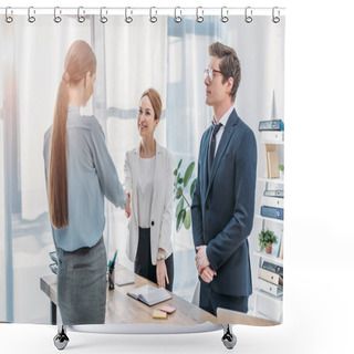 Personality  Cheerful Recruiter Standing Near Colleague In Glasses And Shaking Hands With Woman  Shower Curtains