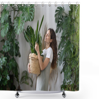 Personality  Smiling Florist Woman Hold Pot With Sansevieria Plant Work In Indoor Garden Or Cozy Home Office Shower Curtains