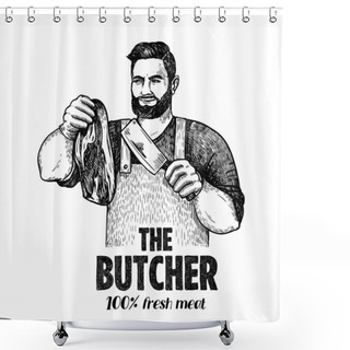 Personality  Male Butcher Holds Meat Bacon In His Hand. Vector Illustration Isolated On White Background Shower Curtains