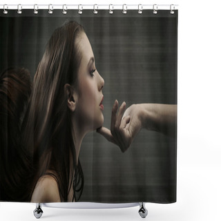 Personality  Conceptual Image Of A Hand Holding A Woman's Head Shower Curtains