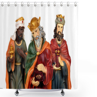 Personality  The Three Wise Men And Baby Jesus. Ceramic Figures Isolated On White Background Shower Curtains