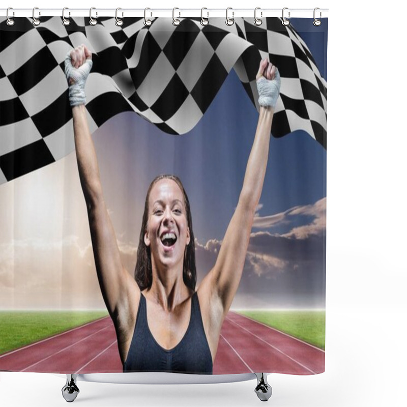 Personality  Athlete Celebrating Her Victory With Checkered Flag Shower Curtains