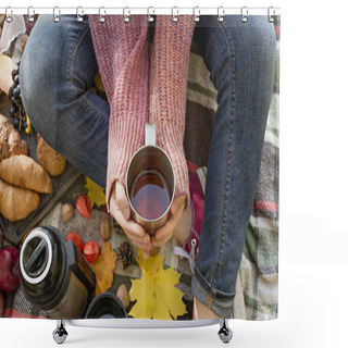 Personality  Autumn Picnic In The Park, Warm Autumn Day. The Girl Holds A Cup With Tea In Her Hands. Basket With Flowers On A Blanket In Yellow Autumn Leaves. Autumn Concept. Shower Curtains