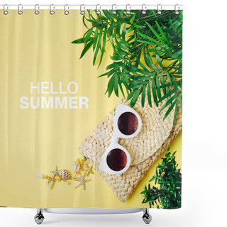 Personality  Tropical Leaves And Beach Bag With Sunglasses  On  Yellow  Background. Top View, Flat Lay. Shower Curtains