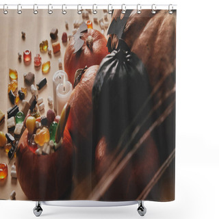 Personality  High Angle View Of Halloween Pumpkins, Jelly Candies And Paper Bats On Table Shower Curtains