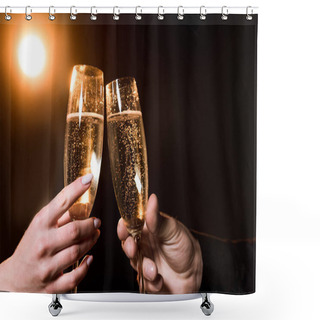 Personality  Cropped Shot Of Couple Clinking Glasses Of Champagne Under Golden Light On Black Shower Curtains