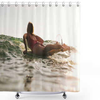 Personality  Back View Of Woman In Swimming Suit Surfing In Ocean Shower Curtains