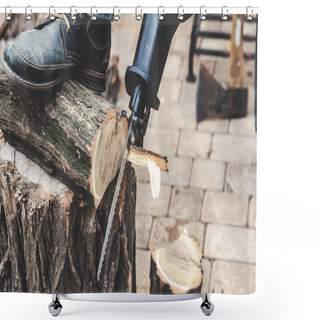Personality  Reciprocating Power Saw Sawing Round Timber Closeup Shower Curtains