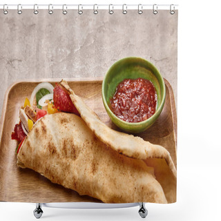 Personality  Fresh Burrito With Chicken And Vegetables On Board Near Chili Sauce On Concrete Grey Background Shower Curtains