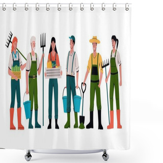 Personality  Cartoon Farmers. People Characters Standing Together In Garden. Men With Shovels Or Rakes And Buckets. Gardeners In Uniform. Vegetable Crop. Vector Background With Agricultural Workers Shower Curtains